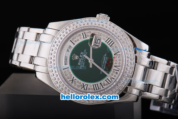 Rolex Day-Date Oyster Perpetual Automatic Full Diamond Bezel with Green and Diamond Dial,Roman Marking-Big Calendar - Click Image to Close